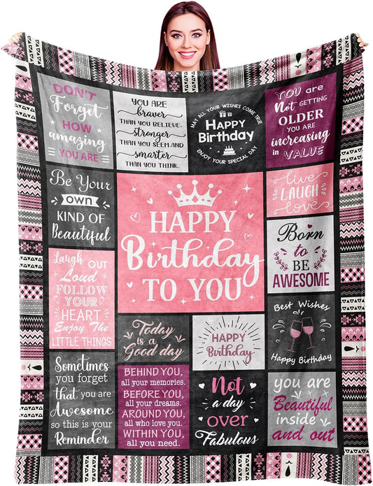 Ivivis Birthday Gifts for Women Girls Throw Blanket 60"X50", Happy Birthday Decorations for Woman, Gifts for Women Birthdays Unique, Womens Bday Gift Ideas for Her Friend Mom Sister Grandma Wife
