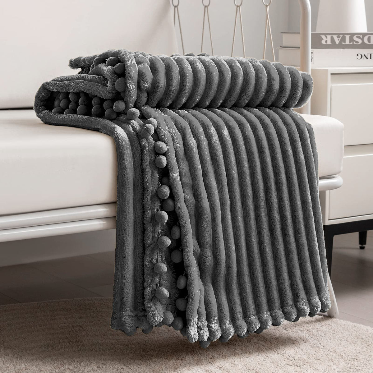 DISSA Fleece Blanket Throw Size – 51x63, Yellow Soft, Plush, Fluffy, Fuzzy, Warm, Cozy Perfect for Couch, Bed, Sofa - with Pompom Fringe Flannel