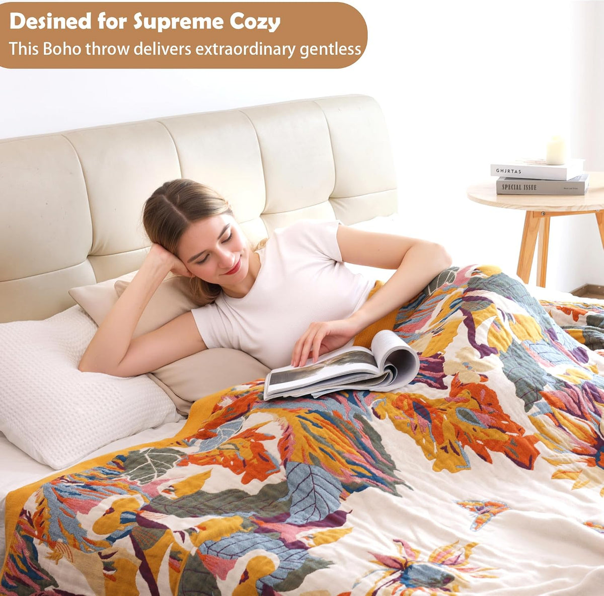 VANJOROY Boho Throw Blanket, 100% Organic Cotton 50x60 for Couch Bed, Beige