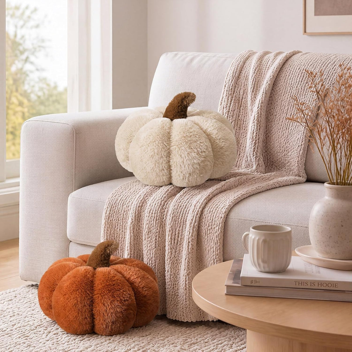 Wonderjune 2 Pcs Plush Pumpkin Pillows,Burnt Orange+Ivory White