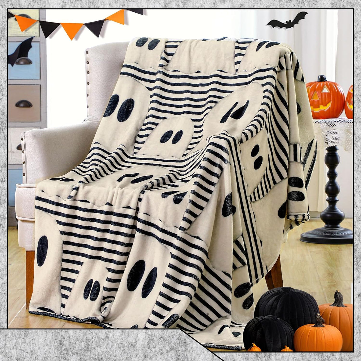 FuWeave Halloween Throw Blanket Cute Ghost Blanket Black and White Striped