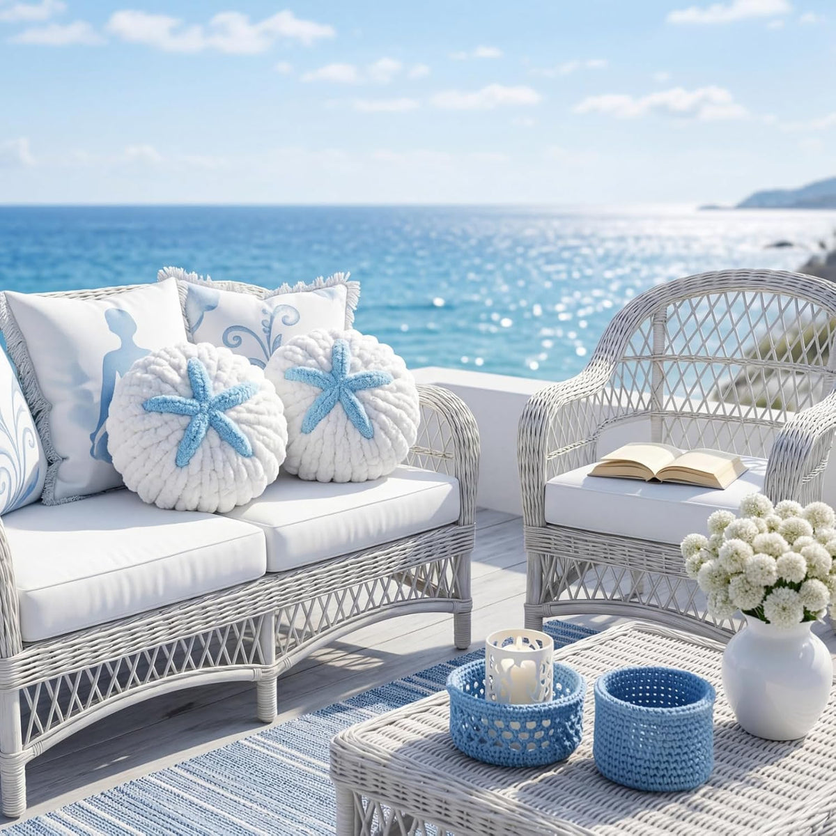 Breling 2 Pcs Hand Crochet Sand Dollar Pillows Knitted Throw Pillows