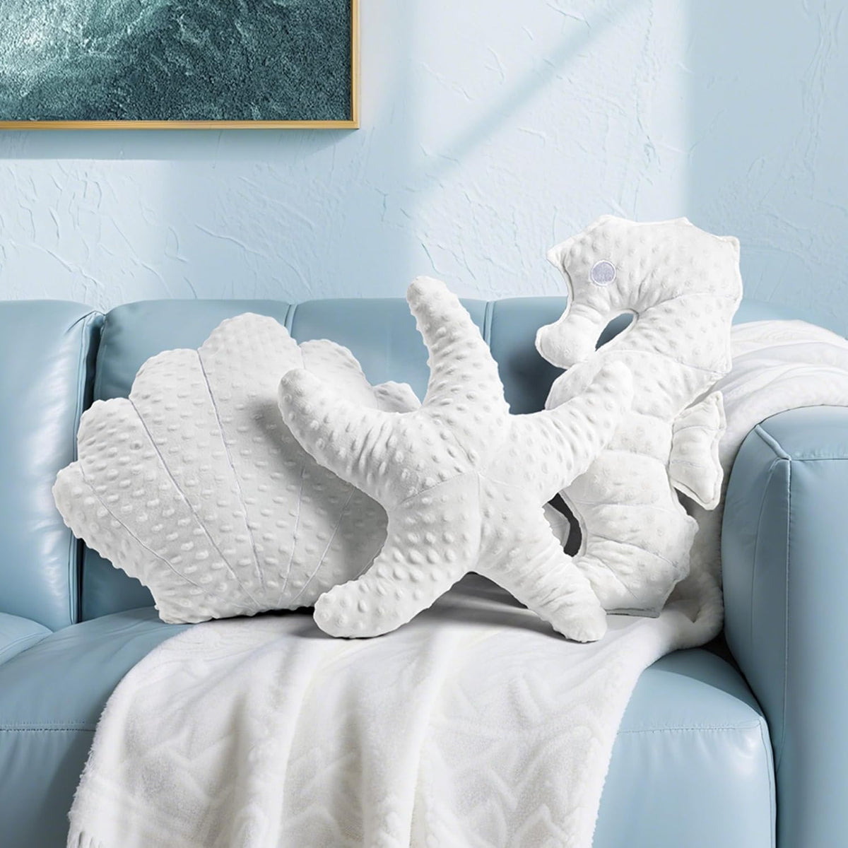 AELS Coastal Throw Pillows Set of 3, Starfish Shell Seahorse Pillows, Beach Ocean Nautical Themed Smooth Soft Minky Decorative Throw Pillows, Cute Pillow for Couch Sofa Bed Living Room Bedroom, White