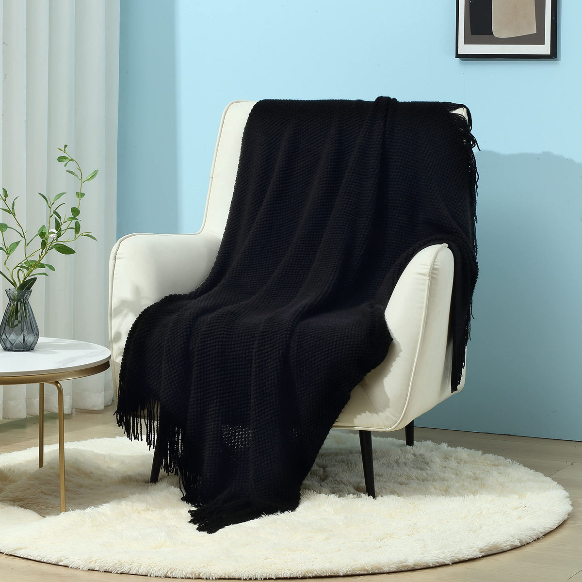 CREVENT Farmhouse Boho Knitted Throw Blanket for Couch Sofa Chair Bed Home Decoration, Soft Warm Cozy Light Weight for Spring Summer Fall (50''X60'' Off White/Ivory/Cream)