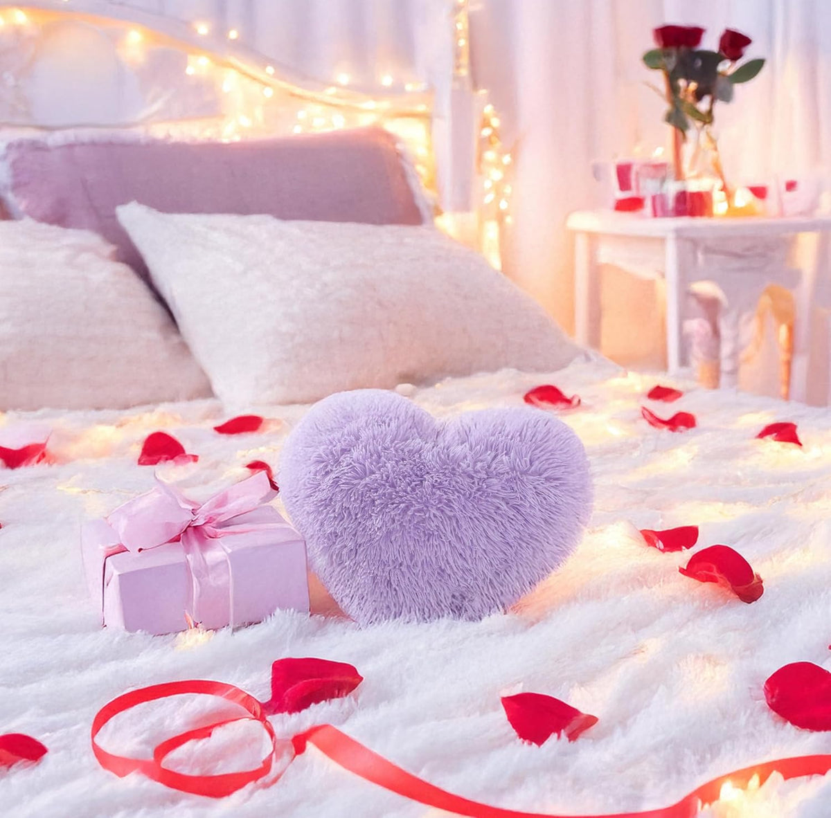 MOOWOO Fluffy Heart Pillow, Faux Fur Throw Pillow,Sherpa Plush Fluffy, Cute Soft Throw Cushion, Christmas Day,Valentines Day Decor for Home Bed Couch (Purple)