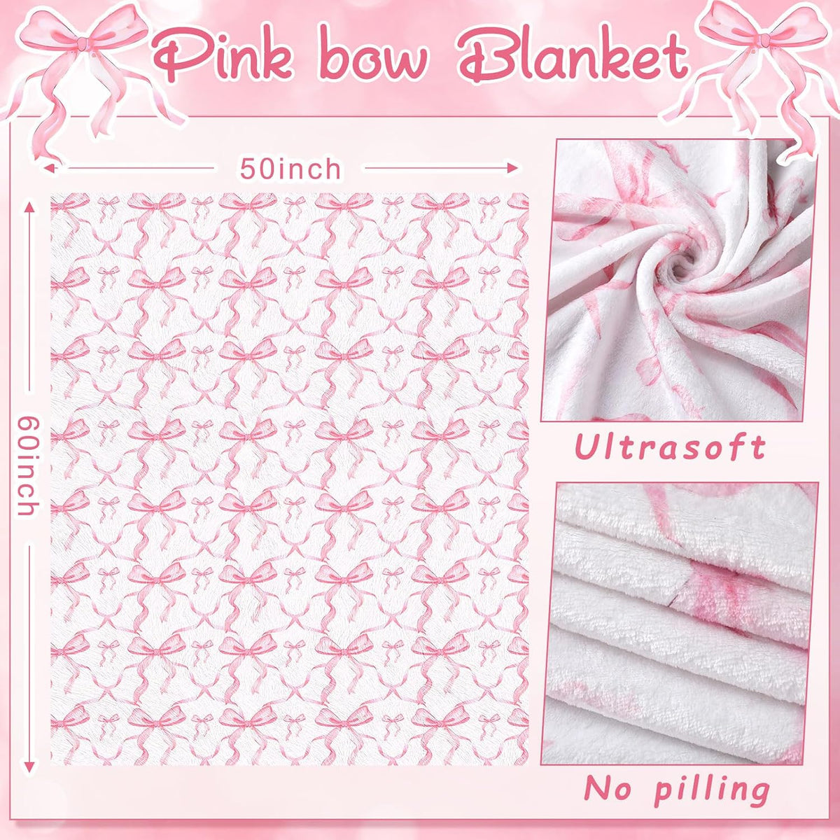 Buryeah Pink Bow Throw Blanket 50"x60" Soft Flannel for Girls Women