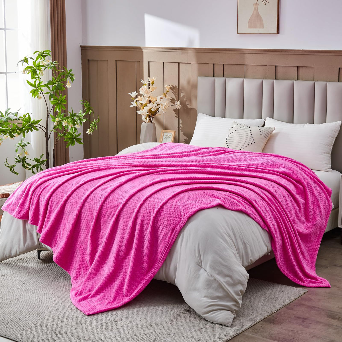 NEWCOSPLAY Fleece Leaves Pattern Throw Blanket, Light Purple, 50"x60"