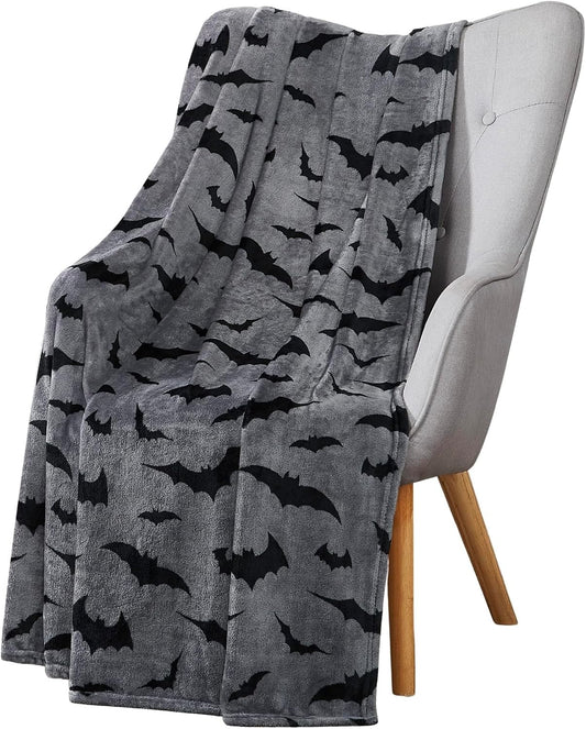 Halloween Fleece Throw Blanket, Black Bats on Gray, 50"x70" Oversized