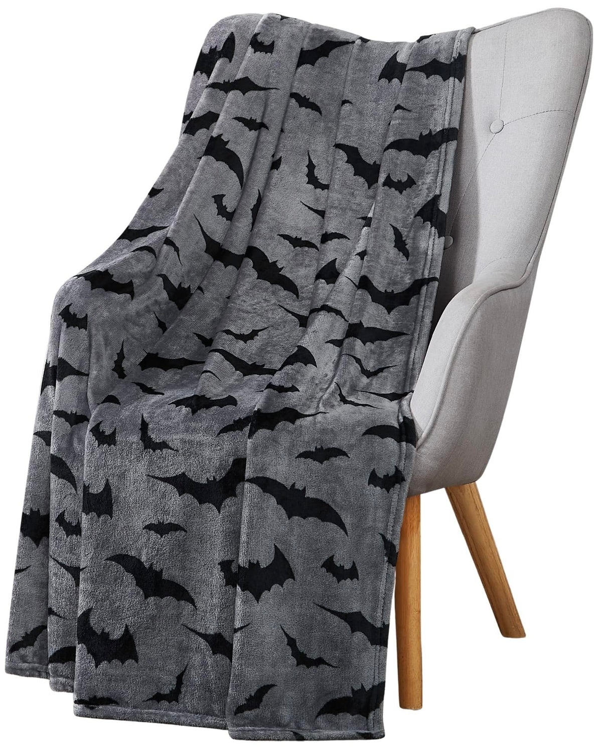 Halloween Fleece Throw Blanket, Black Bats on Gray, 50"x70" Oversized