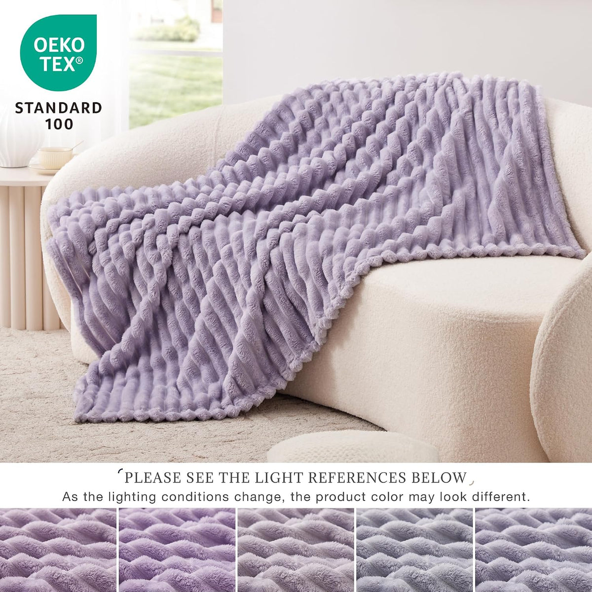 EXQ Home Stripe Jacquard Throw Blanket Light Purple for Couch Gentle Soft