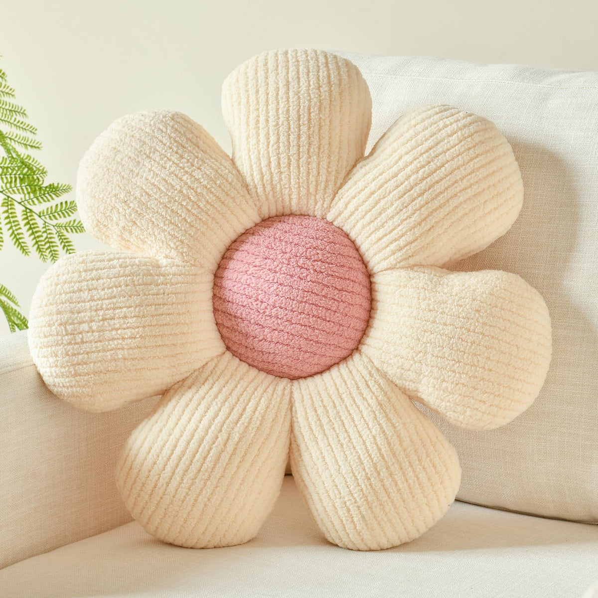 Flower Shaped Pillow, Daisy Decorative Throw Seat Cushion, 14.9" Ivory