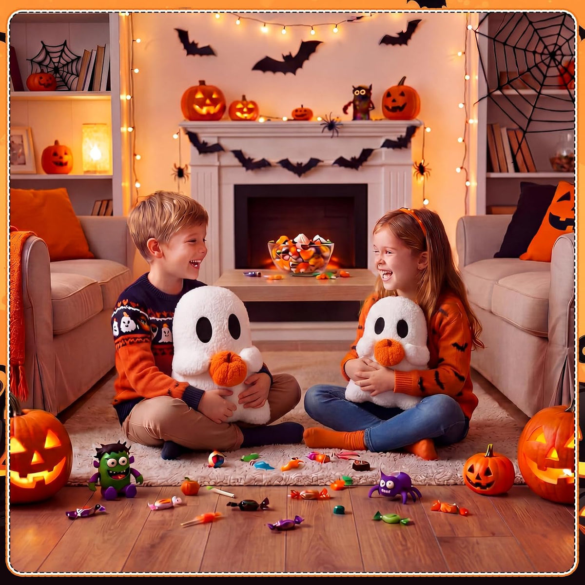 Fuutreo 2 Pcs Halloween Ghost Shaped Plush Throw Pillows with Pumpkin