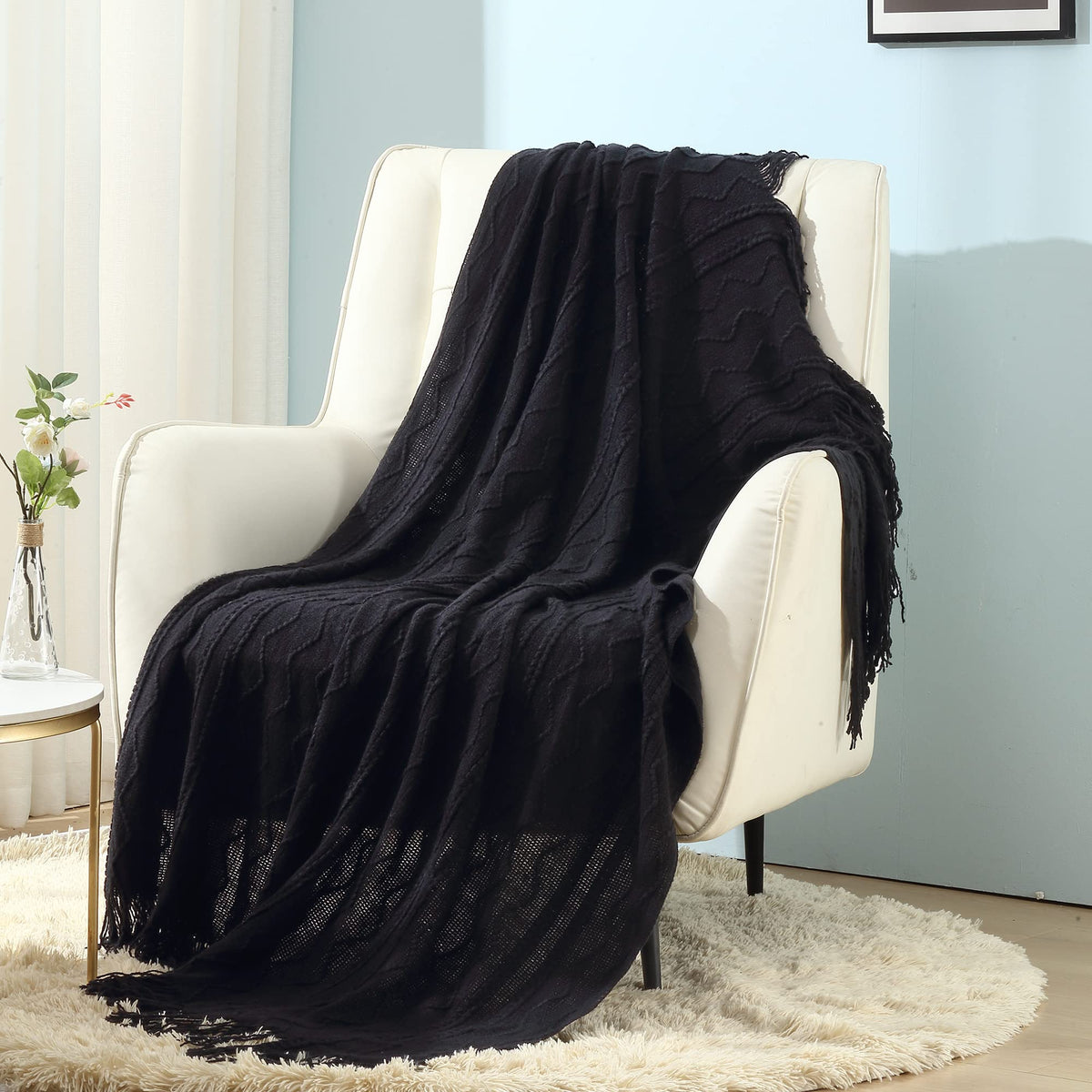 CREVENT Farmhouse Boho Knitted Throw Blanket for Couch Sofa Chair Bed Home Decoration, Soft Warm Cozy Light Weight for Spring Summer Fall (50''X60'' Off White/Ivory/Cream)