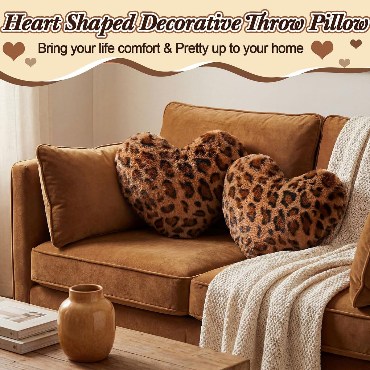 2 Pack Leopard Throw Pillows, Small Heart Shaped Wedding Decor
