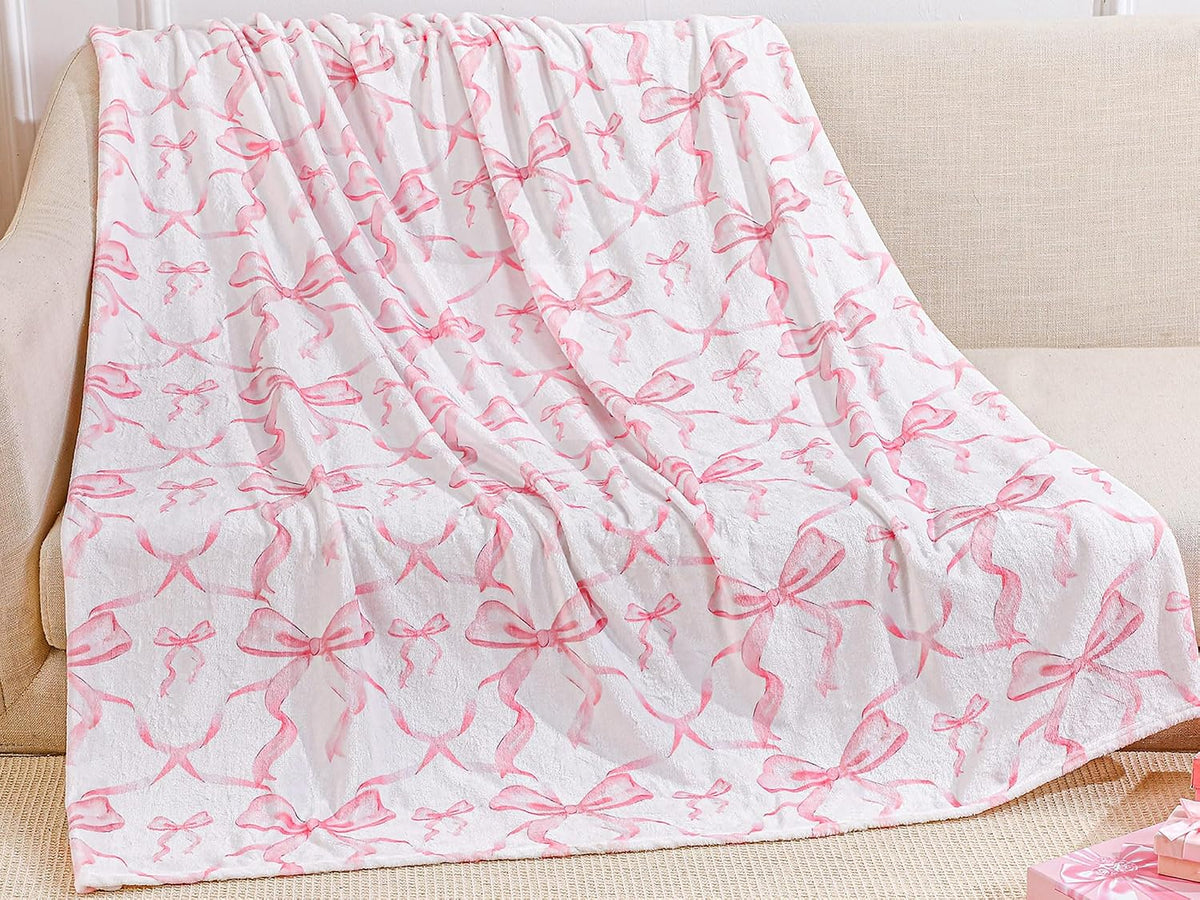 Buryeah Pink Bow Throw Blanket 50"x60" Soft Flannel for Girls Women