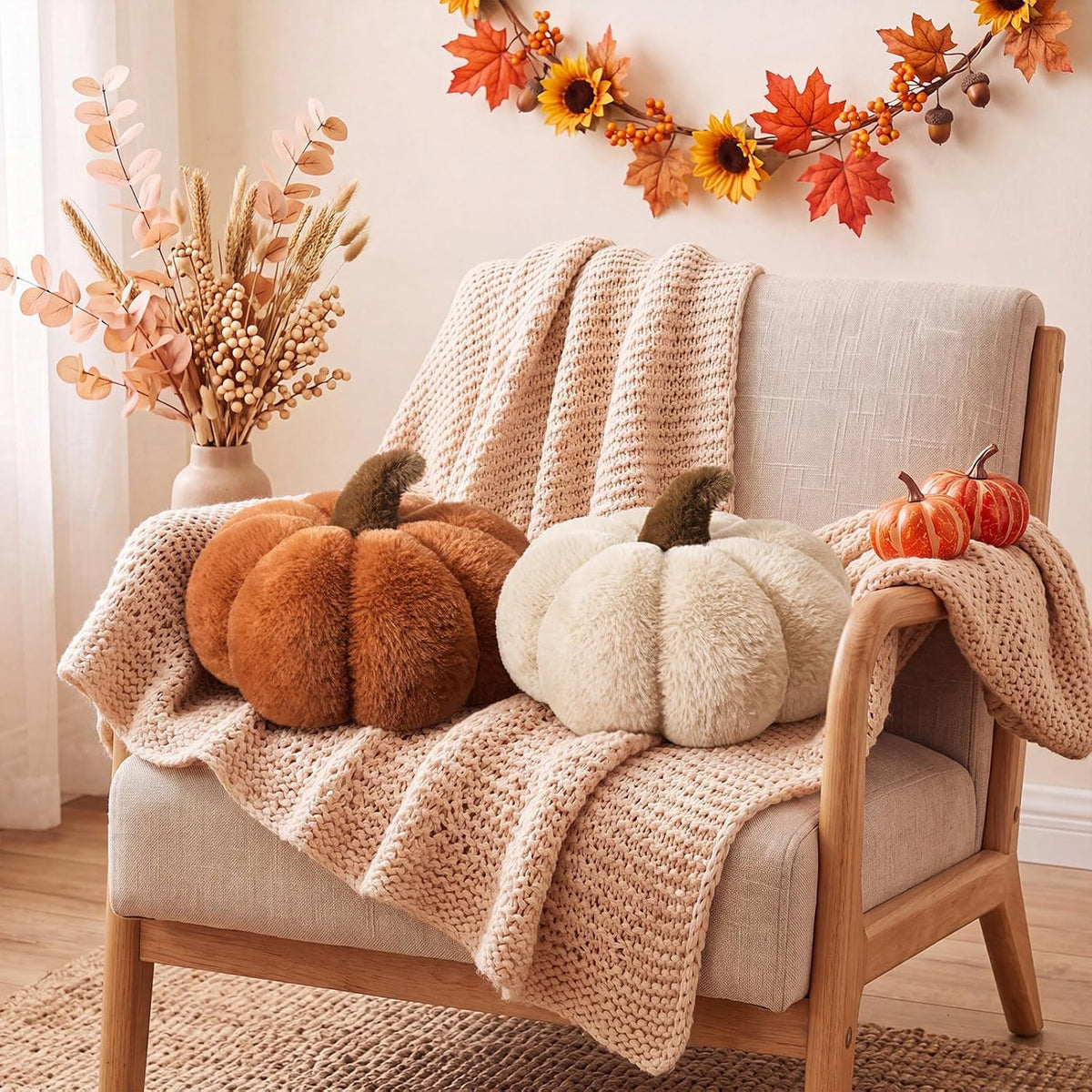 Wonderjune 2 Pcs Plush Pumpkin Pillows,Burnt Orange+Ivory White