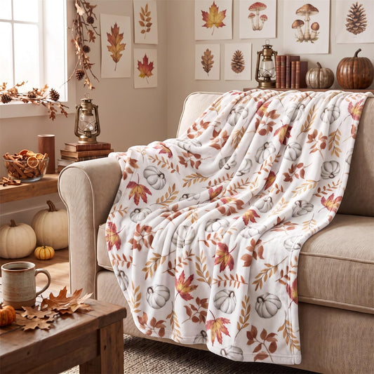 Horaldaily Fall White Pumpkin Orange Leaves Flannel Throw Blanket 50x60