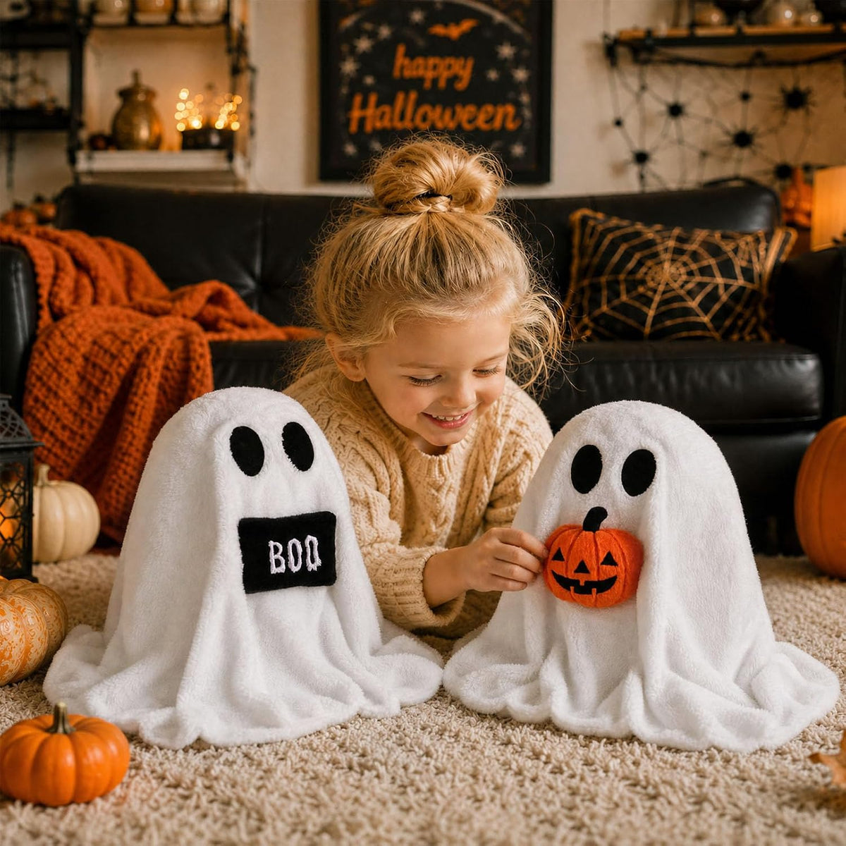 Bunny Chorus Halloween Ghost Throw Pillows, 2pcs Ghost Shaped Decorative Pillows for Couch Sofa Bed, Cute Spooky Halloween Stuffed Pillow Plush Ghost Doll Home Decor Party Decorations, 14" x 12"