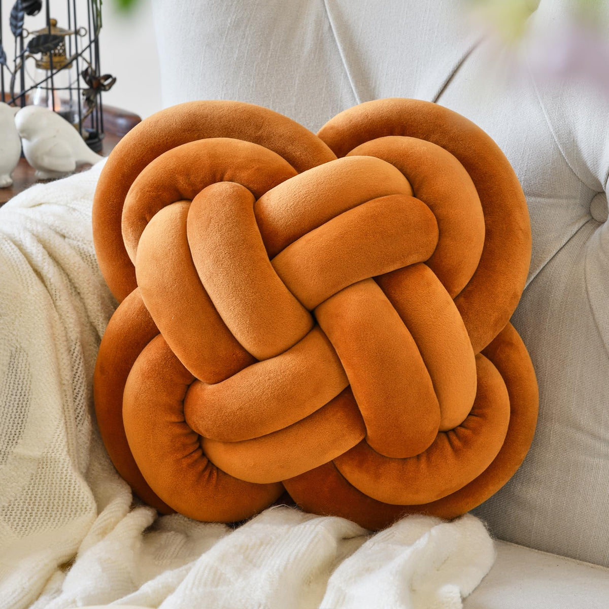 Xuyier Knot Pillow Ball, 12" Decorative Throw Pillows for Couch Bed, Beige