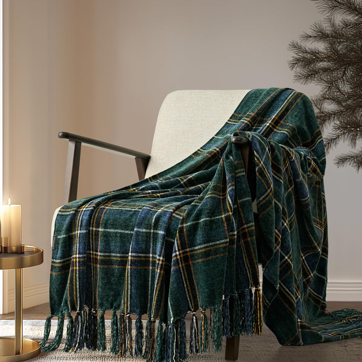 EverGrace Plaid Chenille Fall Throw Blanket, 50"x60", Harvest Orange Plaid