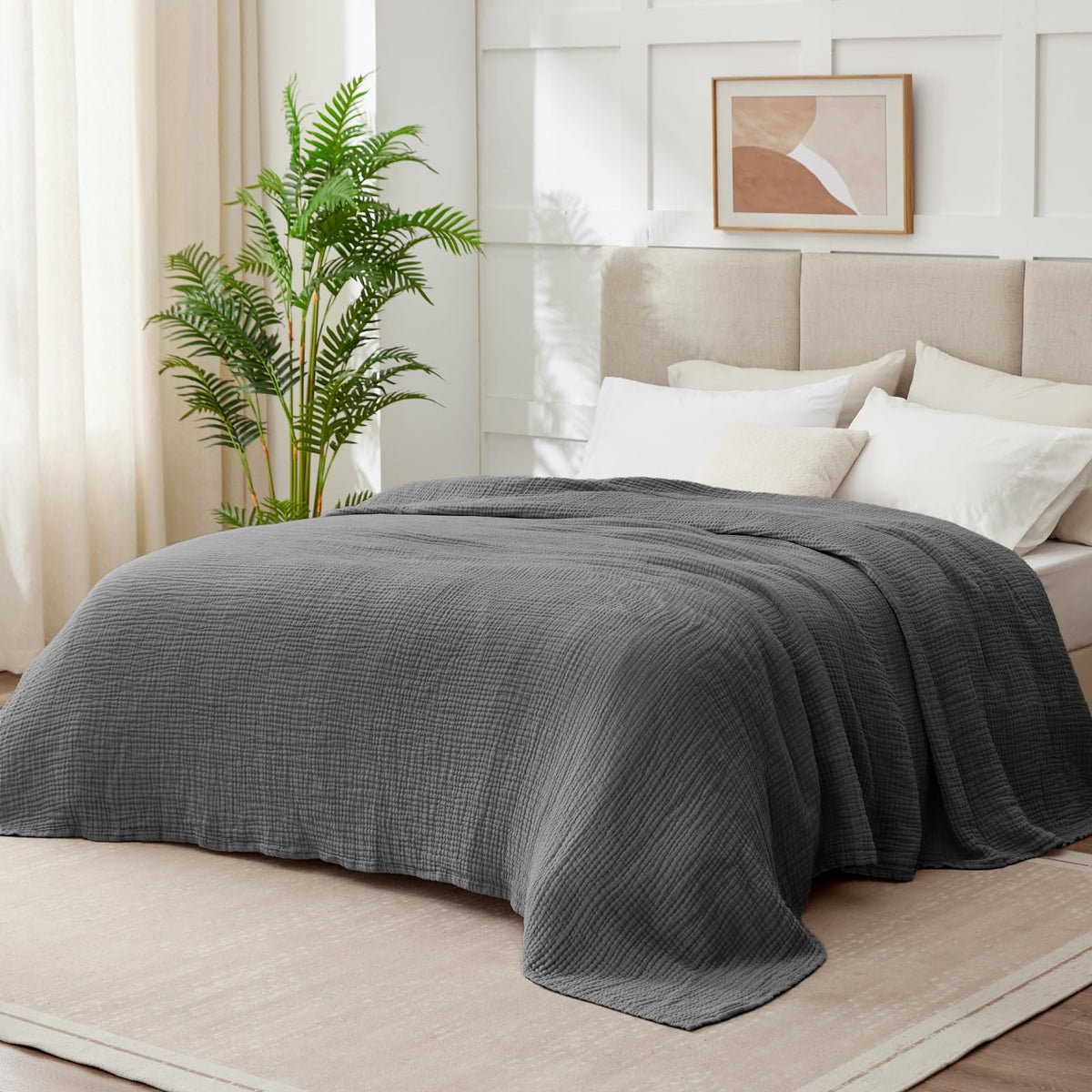 100% Cotton Muslin Blanket for Adults, 6-Layer Large Throw, Beige Linen
