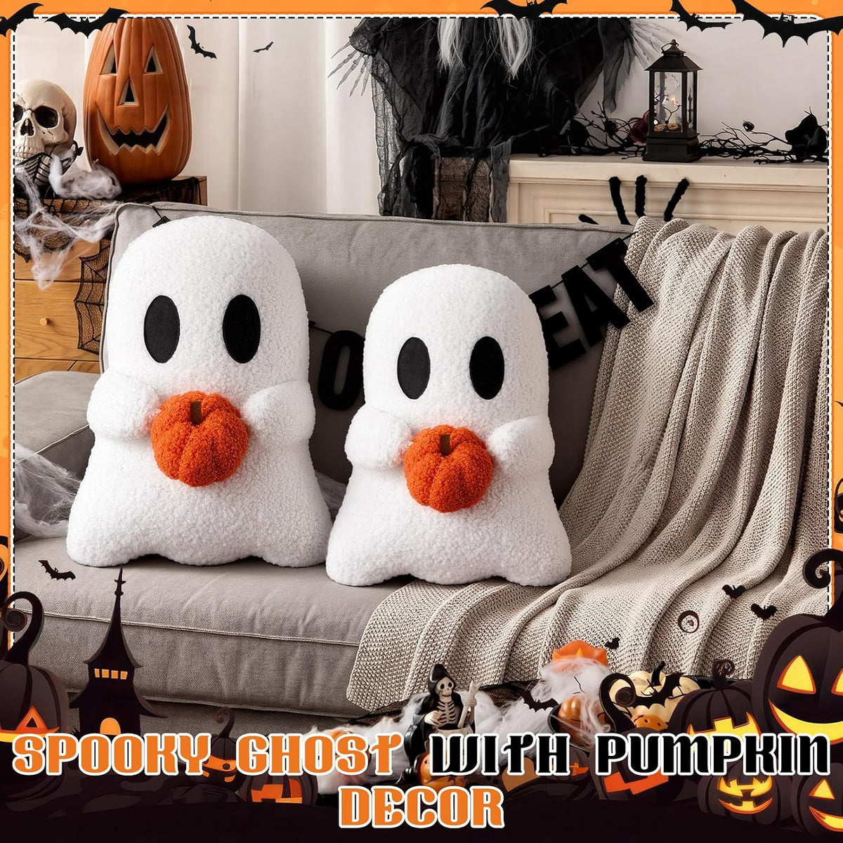 Fuutreo 2 Pcs Halloween Ghost Shaped Plush Throw Pillows with Pumpkin