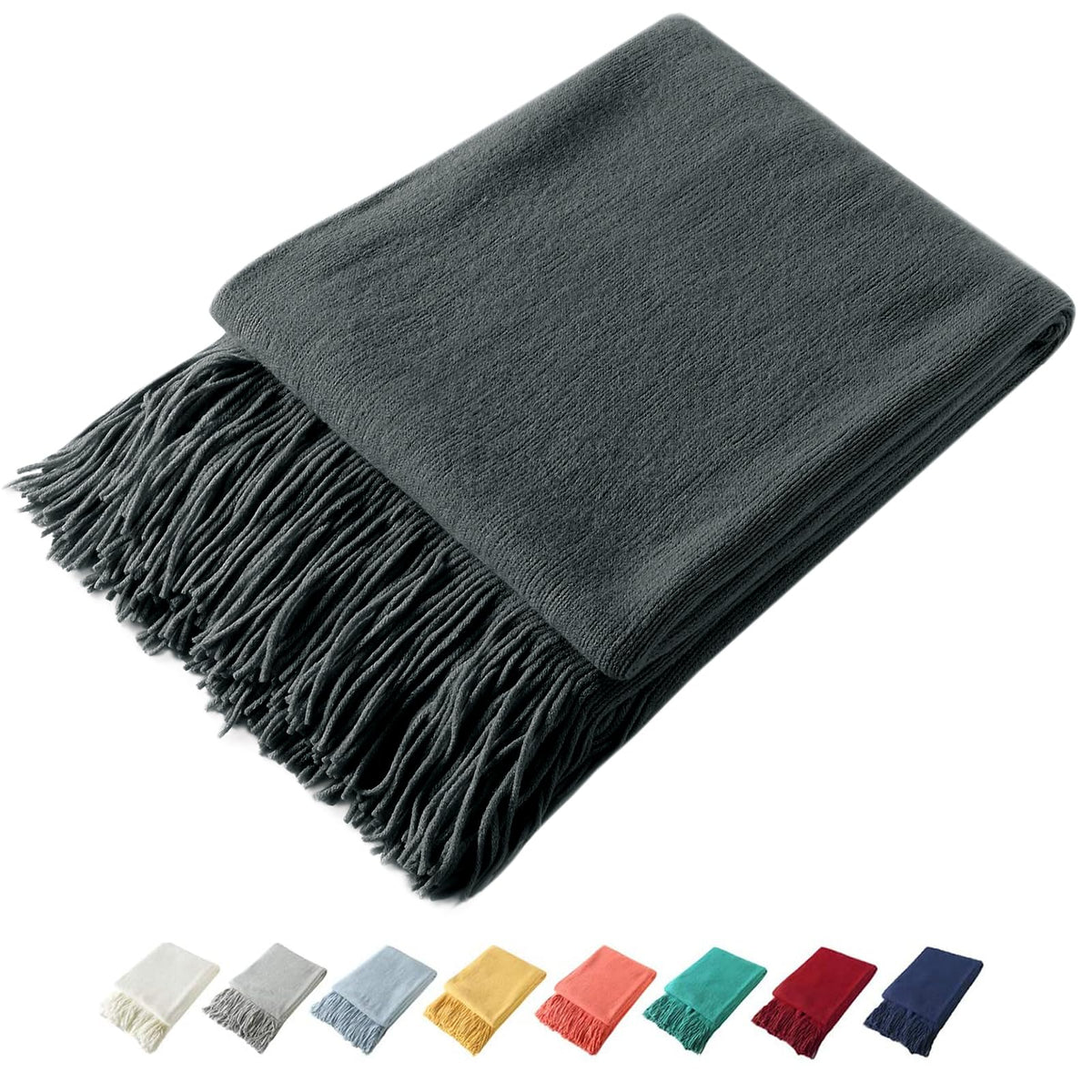 Homiest Pale Blue Knitted Throw Blanket with Fringe, 50x60 Inch
