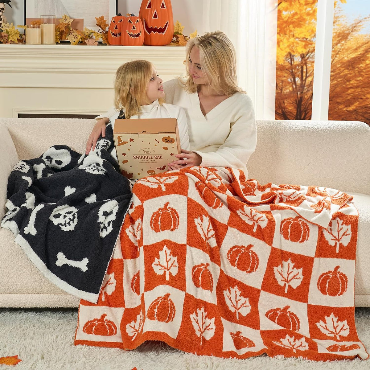 Snuggle Sac Fall Checkered Blanket Orange Pumpkin Maple Leaf Throw Blanket for Couch,Halloween Soft Cozy Luxury Decoration Blanket for Sofa Bed Living Room,50×60 inches