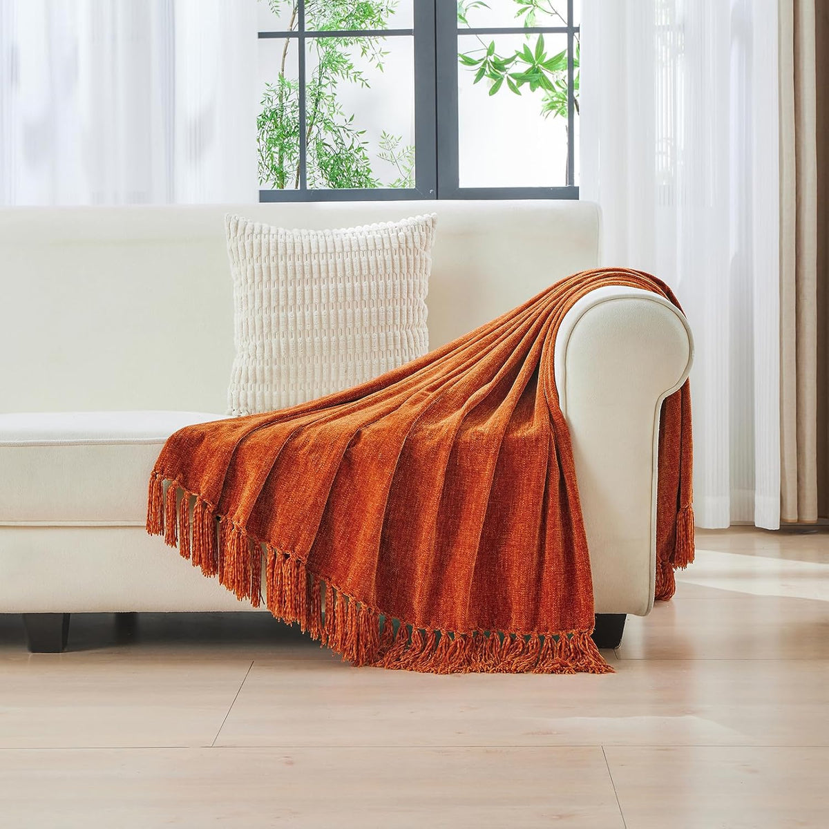 CozeCube Chenille Throw Blanket, Rust Orange Fringe Blanket, 50"X60"