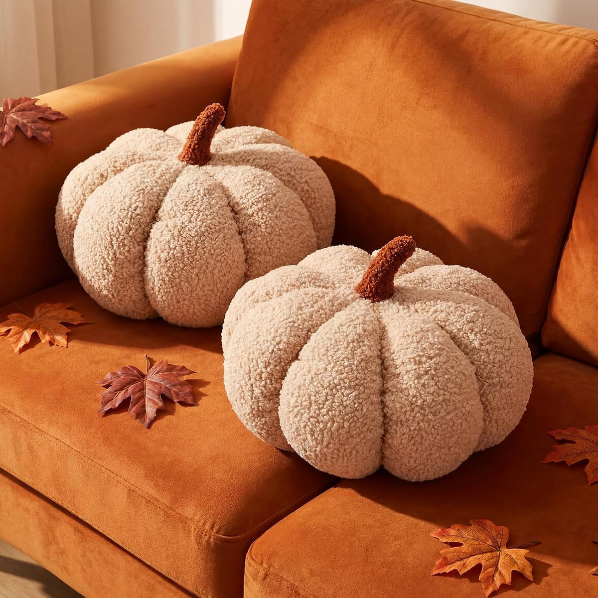 Queekay 2 Pcs Pumpkin Pillow Fall Decor Cushions, Beige, Large