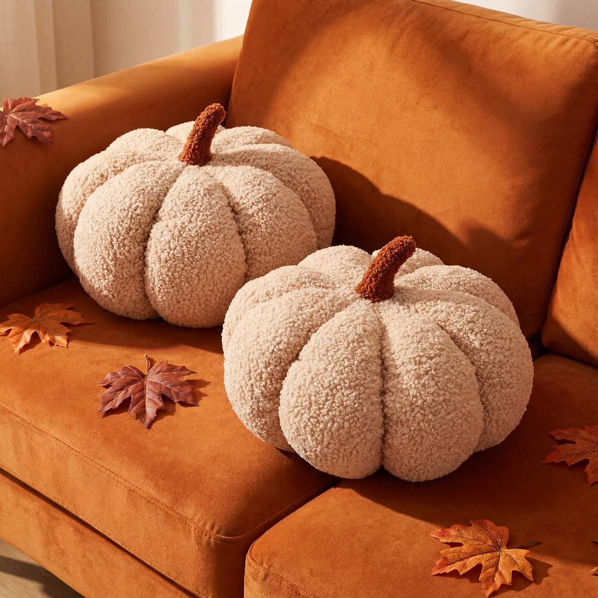 Queekay 2 Pcs Pumpkin Pillow Fall Decor Cushions, Beige, Large