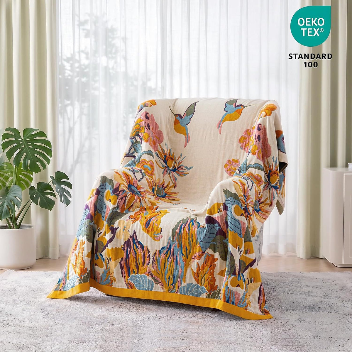 MSGKV Boho Throw Blanket 50"x60" Cotton Throw for Couch Sofa, Floral Quilt