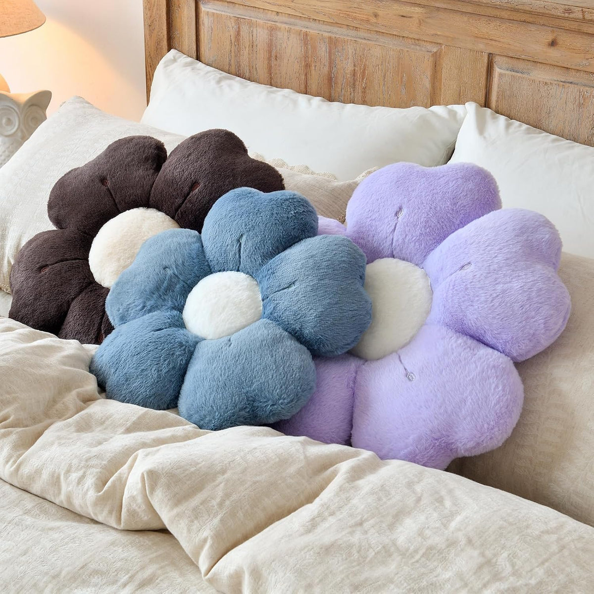 Flower Shaped Pillow, Cute Decorative Throw Pillow with Soft Artificial Rabbit Fur for Couch Bed Chair Floor, Flower Pillows Seating Cushions with Room Décor for Bedroom Living Room (14.9" Lavender)