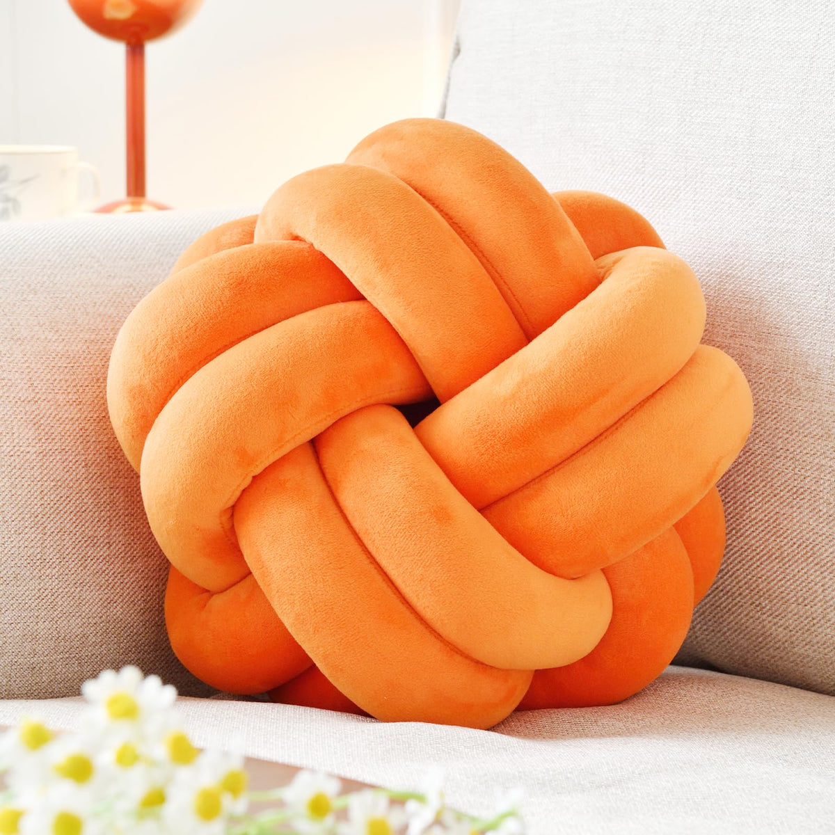 Knot Pillow Ball, Soft Home Decorative Throw Pillows Cushion, Round Changeability Knotted Pillows, Modern Home Handmade Cushions for Bedroom, Sofa, Couch (8 Inch, White)