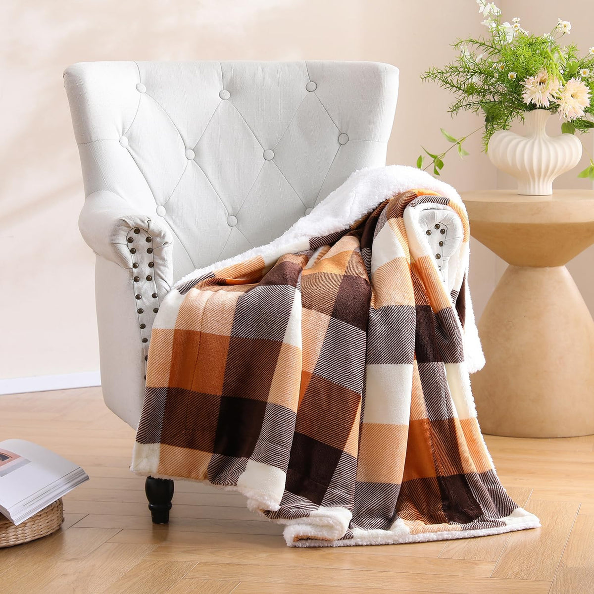 SOCHOW Buffalo Plaid Sherpa Fleece Throw Blanket, 50 x 60 inches, Orange
