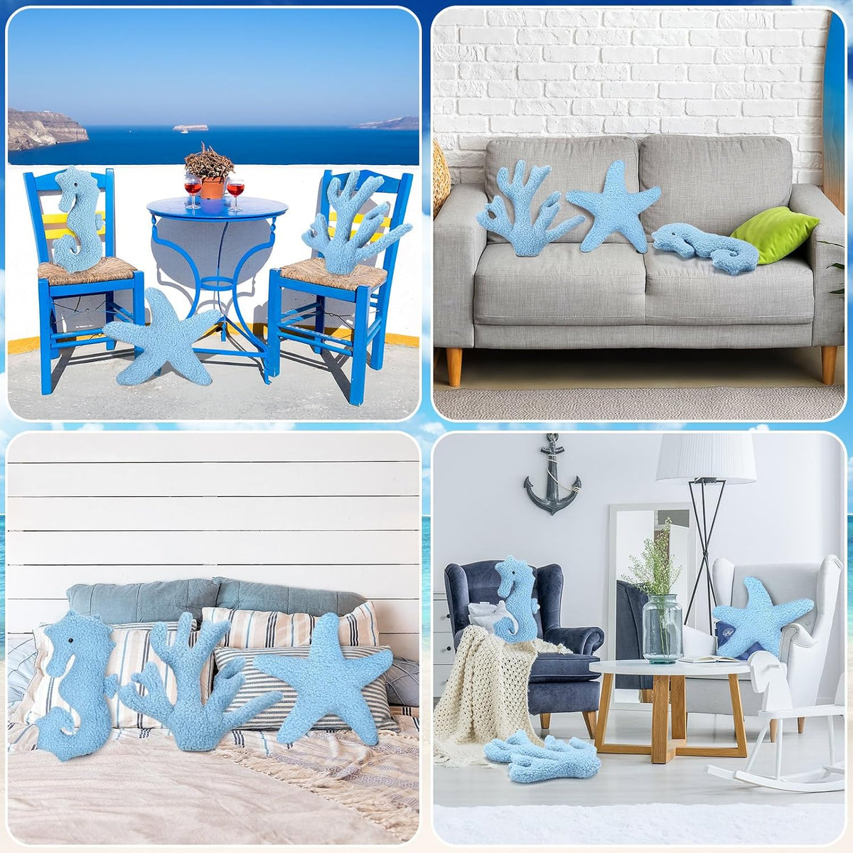 Suzile 3 Pcs Blue Starfish Coral Pillows 11.8 Inch