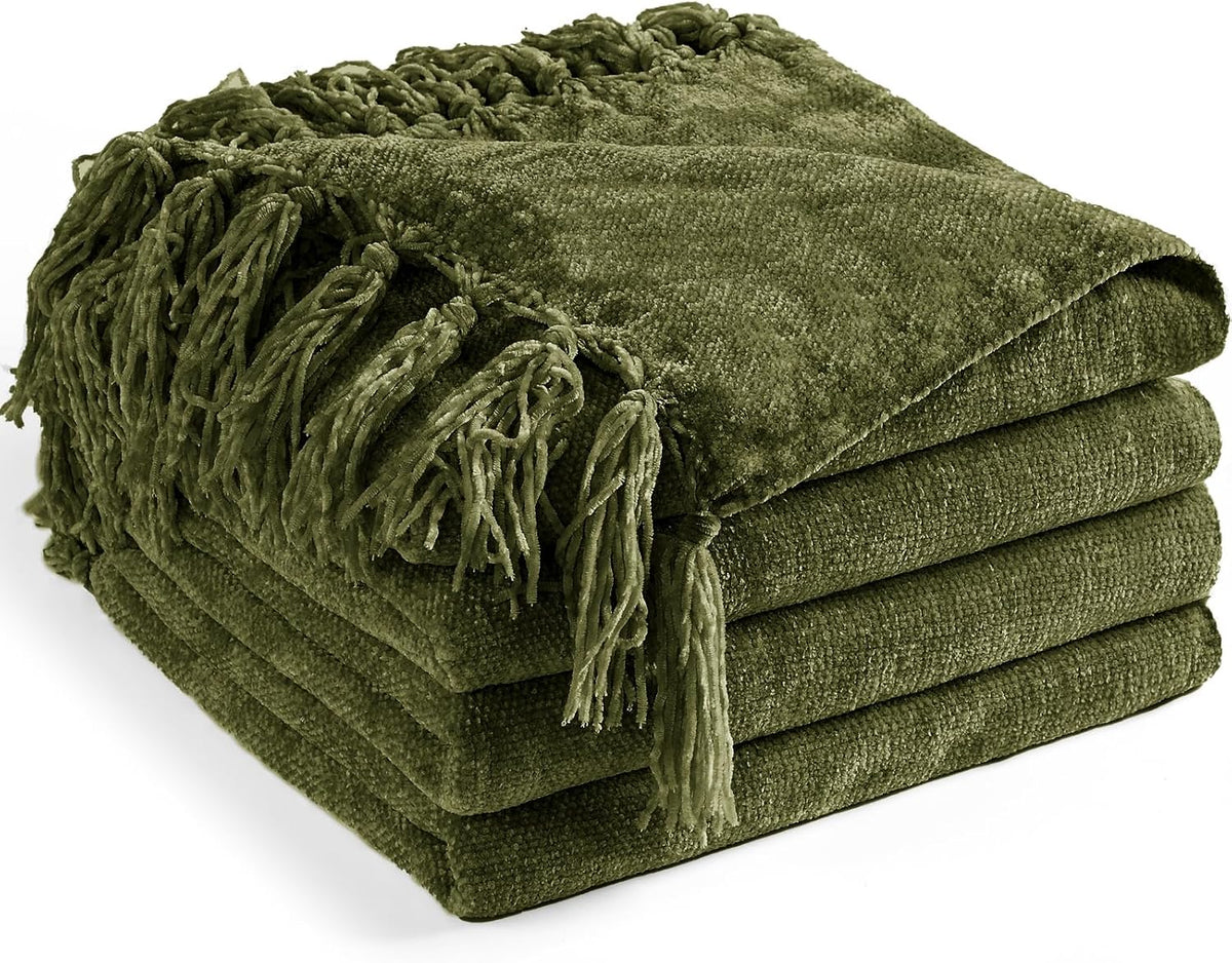 Chenille Throw Blanket for Couch 50" x 60", Olive Green