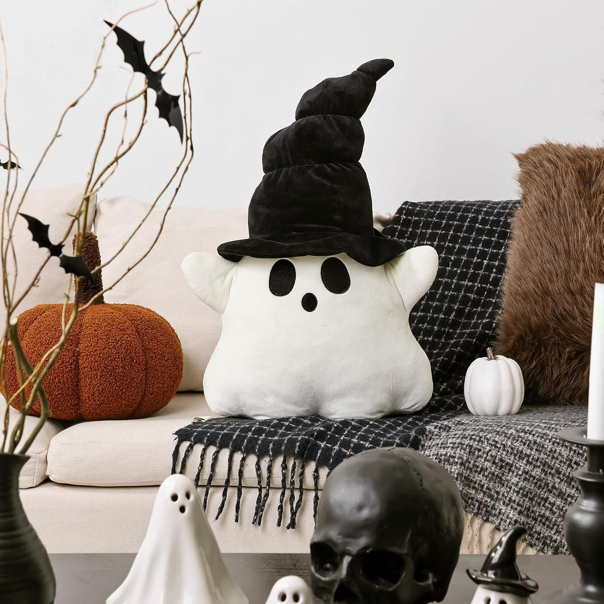 Bunny Chorus Halloween Decor Throw Pillows: Cute Plush White Ghost Pillow with Black Hat, Soft Stuffed Fun Ghost Cushion Halloween Decorations Indoor for Kids Home Sofa Bed Office Couch Living Room