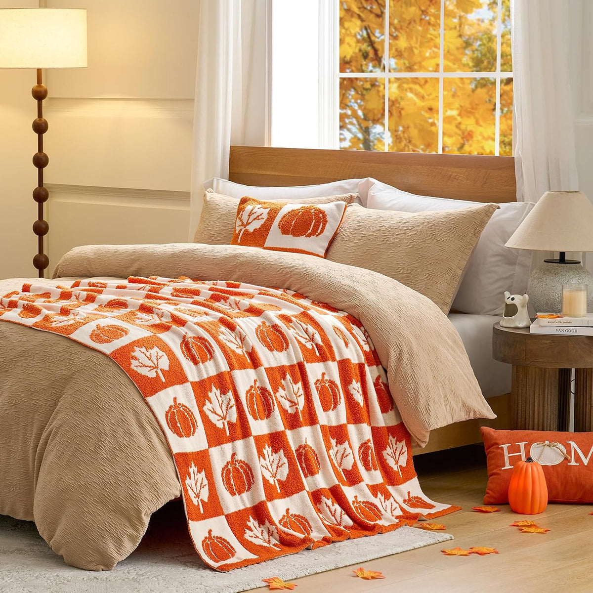 Snuggle Sac Fall Checkered Blanket Orange Pumpkin Maple Leaf Throw Blanket for Couch,Halloween Soft Cozy Luxury Decoration Blanket for Sofa Bed Living Room,50×60 inches
