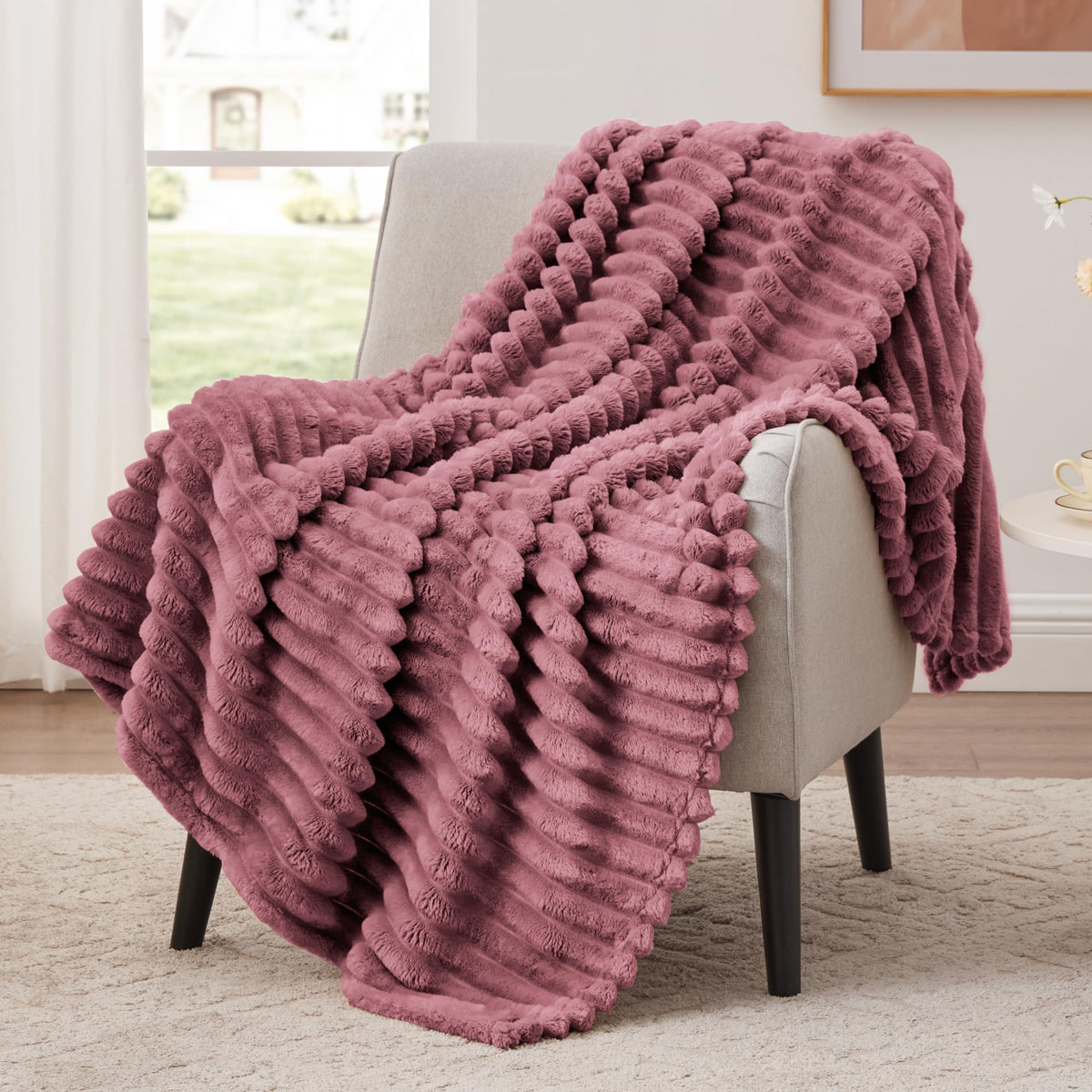 EXQ Home Stripe Jacquard Throw Blanket Light Purple for Couch Gentle Soft