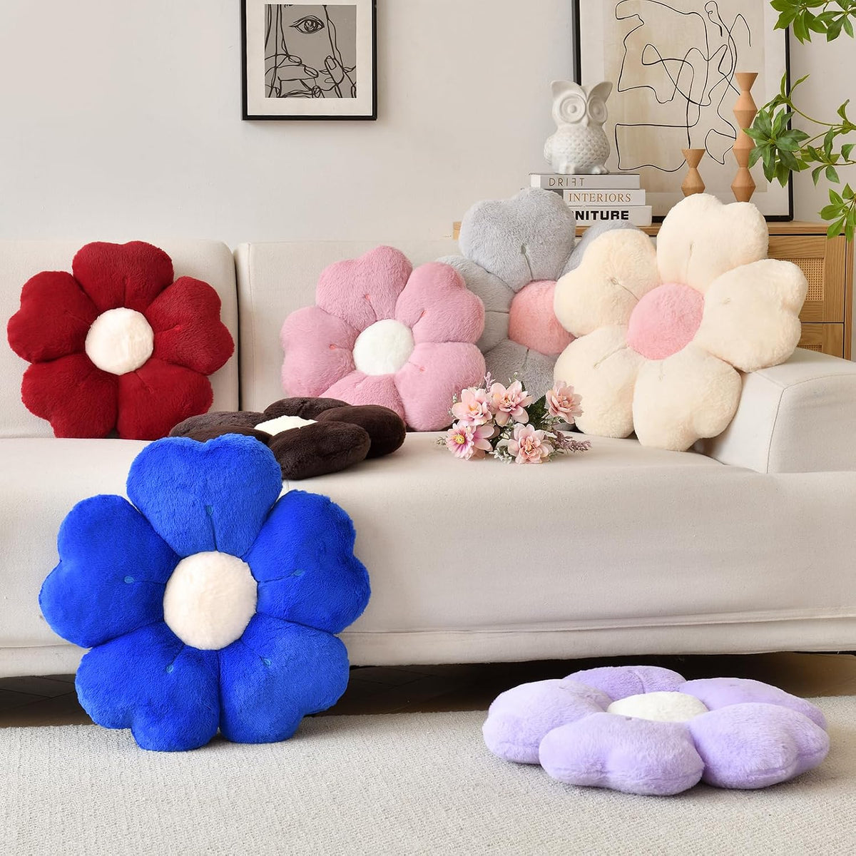 Flower Shaped Pillow, Cute Decorative Throw Pillow with Soft Artificial Rabbit Fur for Couch Bed Chair Floor, Flower Pillows Seating Cushions with Room Décor for Bedroom Living Room (14.9" Lavender)