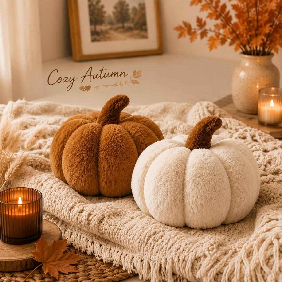 Wonderjune 2 Pcs Plush Pumpkin Pillows,Burnt Orange+Ivory White