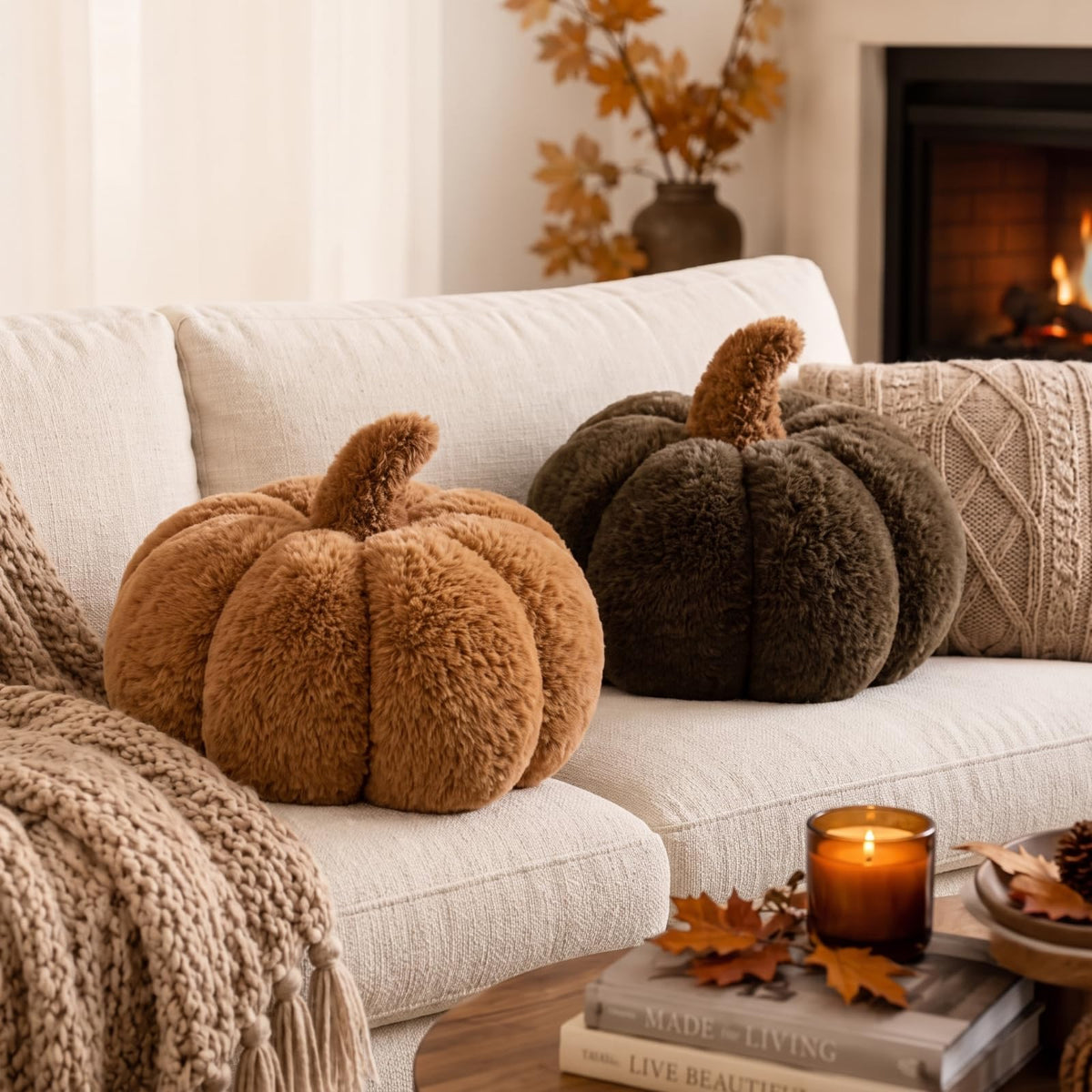 Wonderjune 2 Pcs Plush Pumpkin Pillows,Burnt Orange+Ivory White
