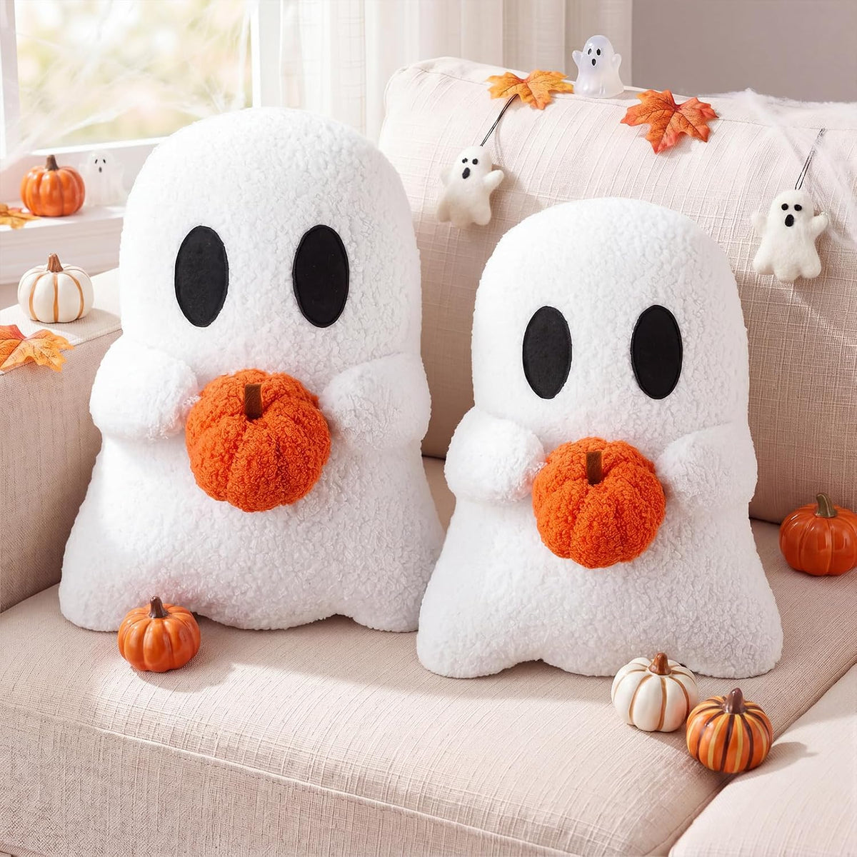 Fuutreo 2 Pcs Halloween Ghost Shaped Plush Throw Pillows with Pumpkin