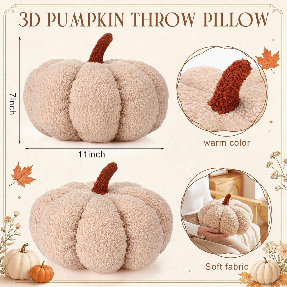 Queekay 2 Pcs Pumpkin Pillow Fall Decor Cushions, Beige, Large