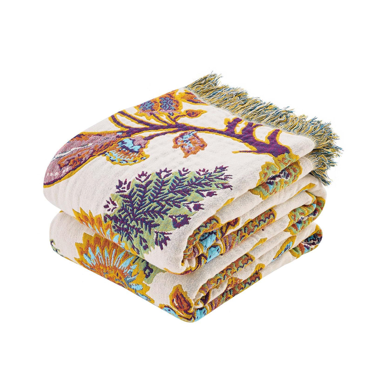 XIBLC Boho Throw Blanket, 100% Cotton Ultra Soft Luxury Throw Rustic Quilt, 50"x60" Floral Bird Butterfly Farmhouse Decor Bed Blankets, All Season Rustic Reversible Bohemian Throw for Bed - Yellow