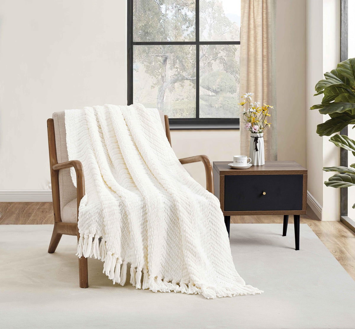 CREVENT Farmhouse Boho Knitted Throw Blanket for Couch Sofa Chair Bed Home Decoration, Soft Warm Cozy Light Weight for Spring Summer Fall (50''X60'' Off White/Ivory/Cream)