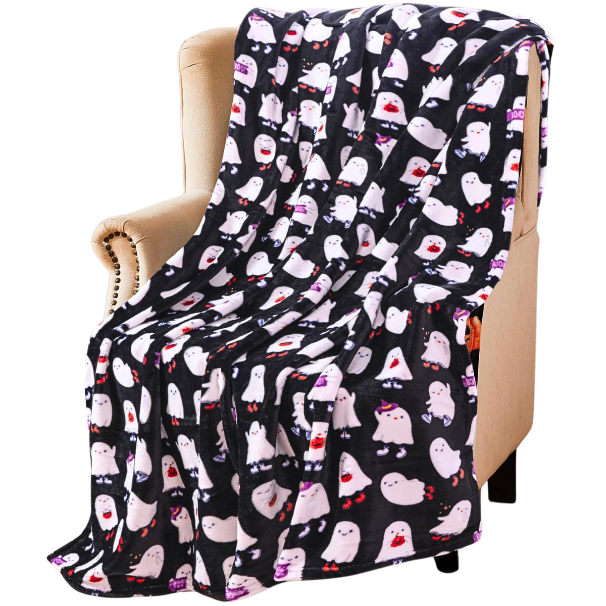 Halloween Fleece Throw Blanket, Black Bats on Gray, 50"x70" Oversized
