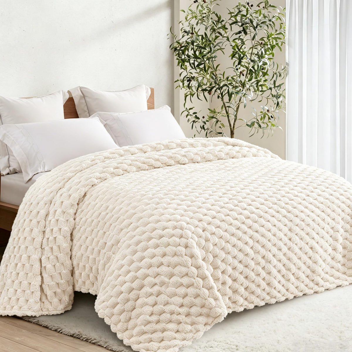Whale Flotilla Soft 3D Jacquard Fleece Throw Blanket for Couch & Bed, Ivory