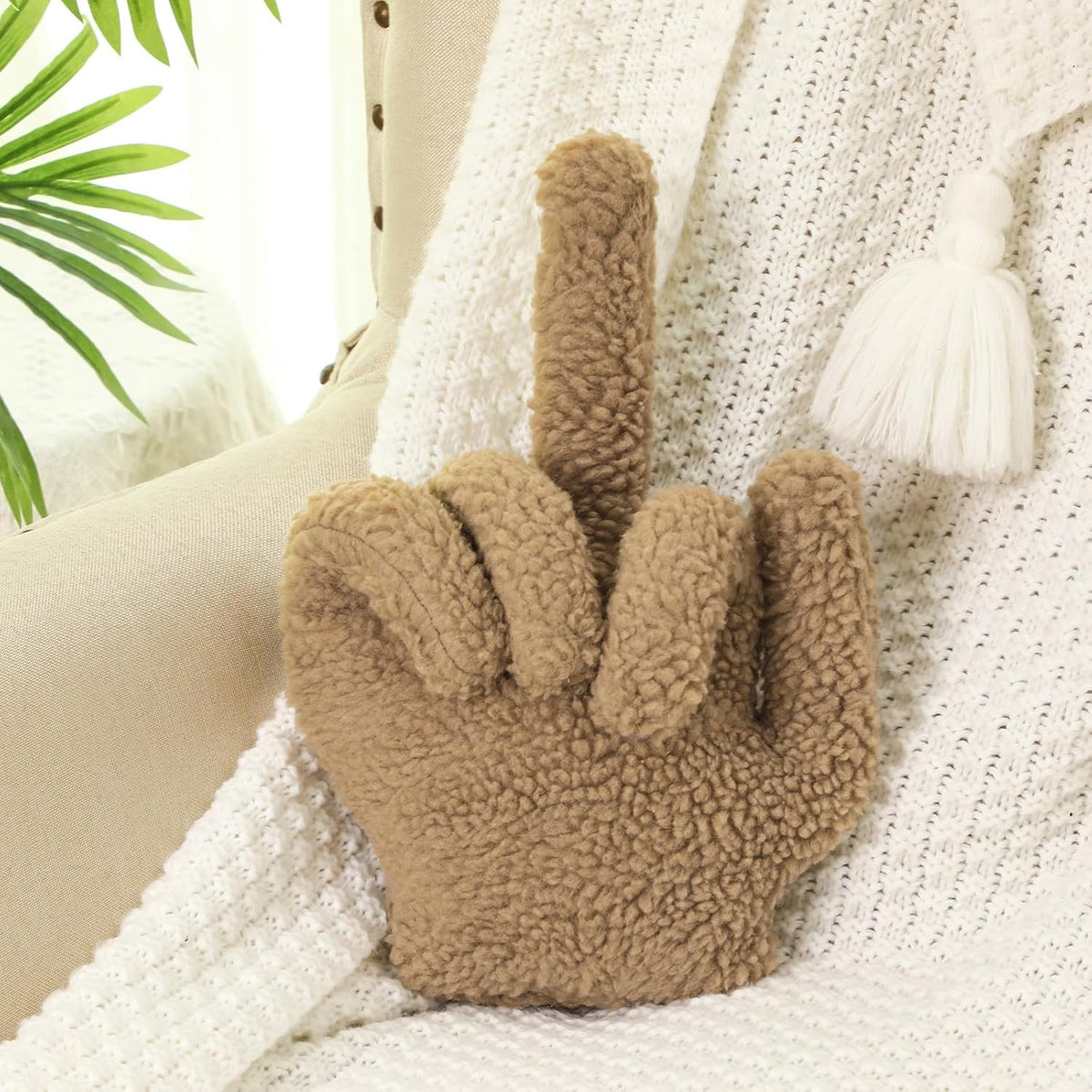 Menkxi Small Middle Finger Decorative Pillow Funny Shaped, Light Brown